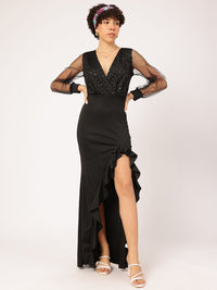 DressBerry Midnight Cleopatra High-Slit Ruffle Detail Maxi Dress