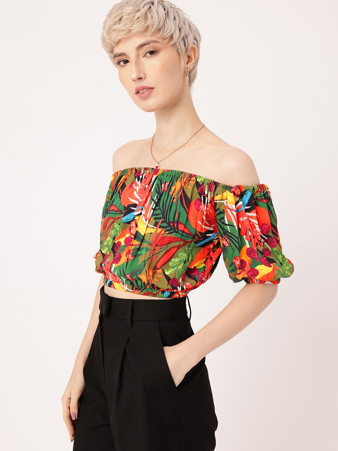 DressBerry Aloha Paradise Tropical Bardot Crop Top