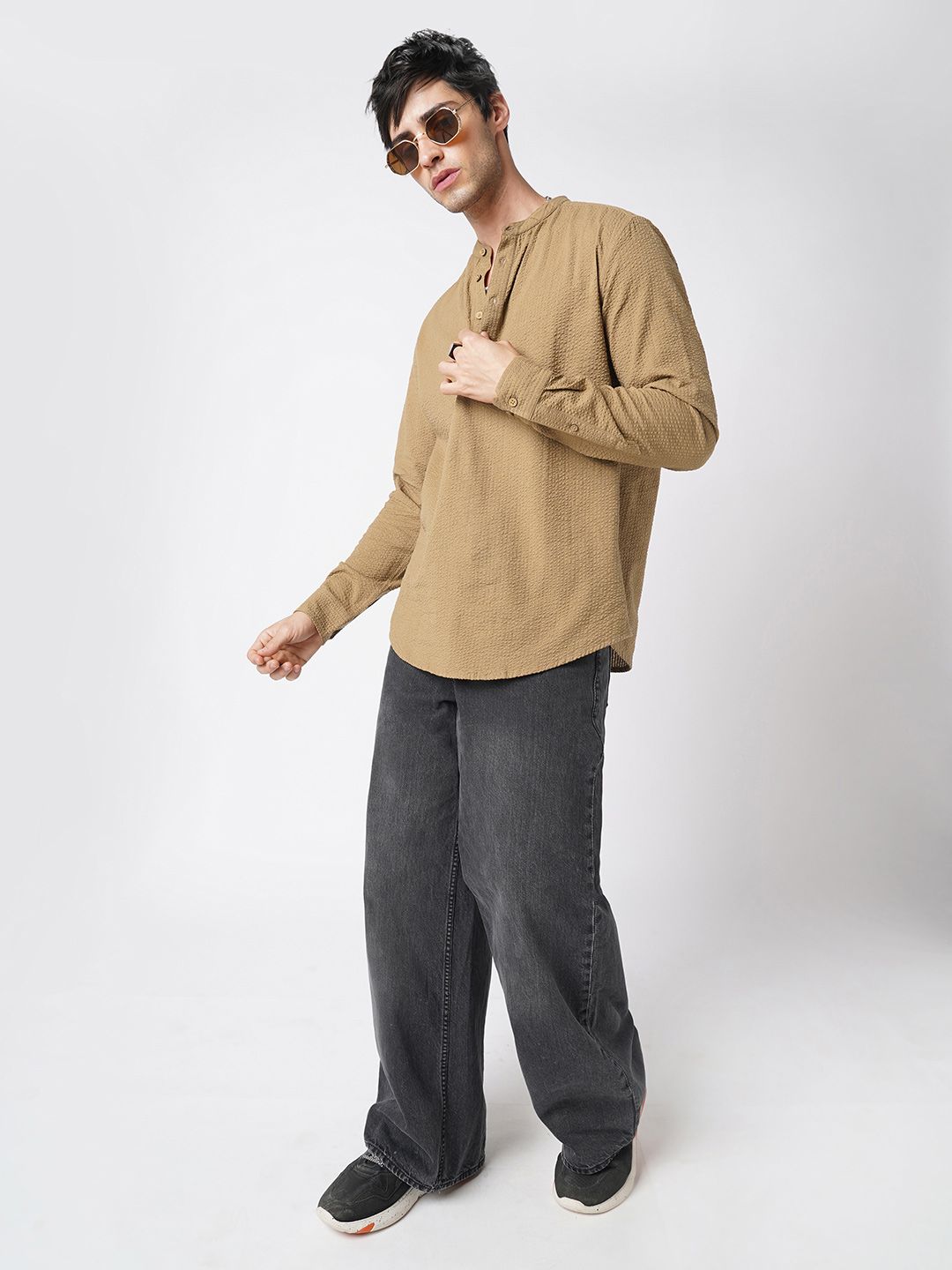 VASTRADO Band Collar Seersucker Cotton Kurta