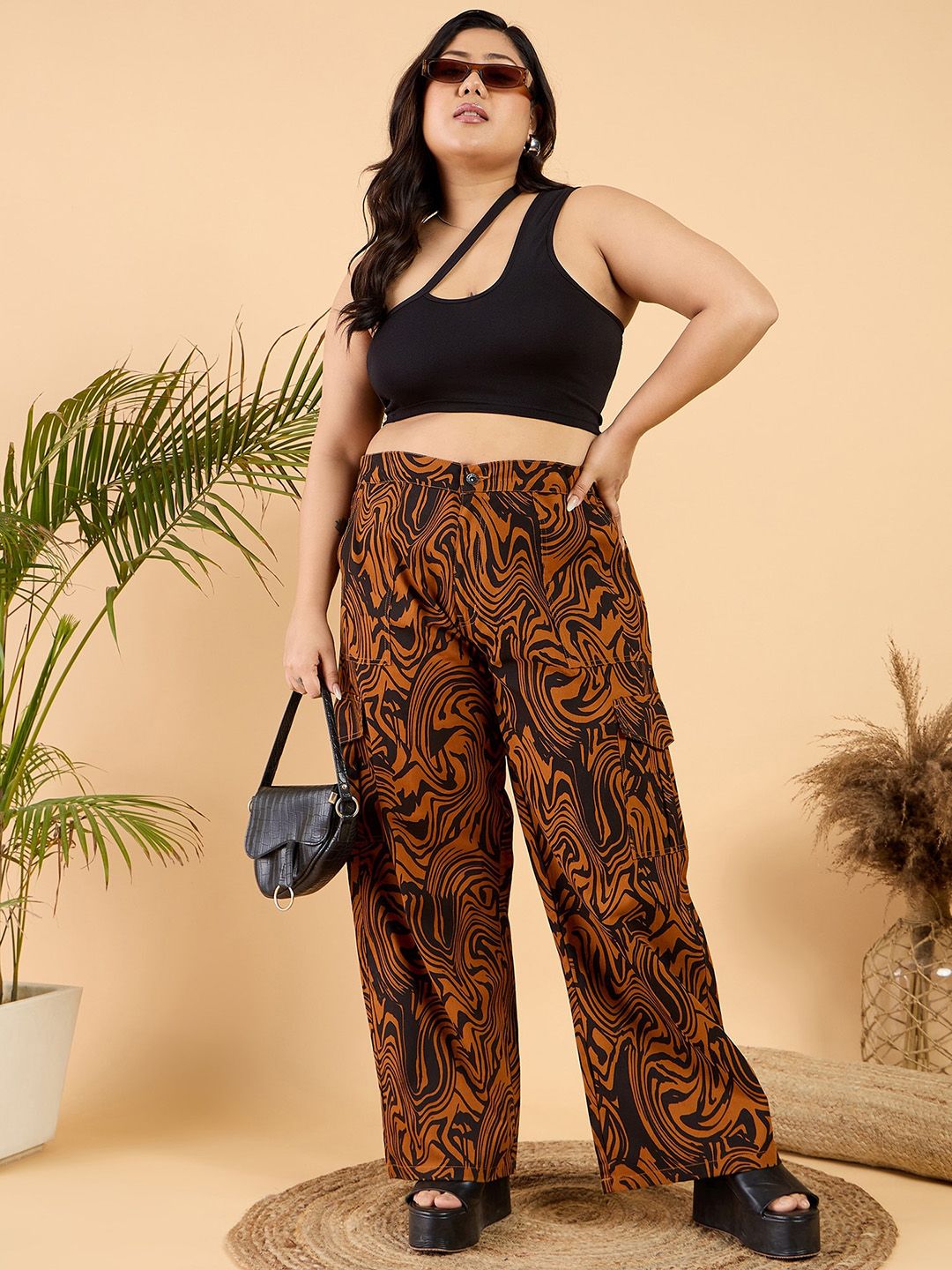 CURVY STREET Women Plus Size Abstract Printed Loose Fit Pure Cotton Wide Leg Trouser