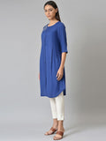 W Women Blue Floral Embroidered Thread Work Floral Printed Kurta