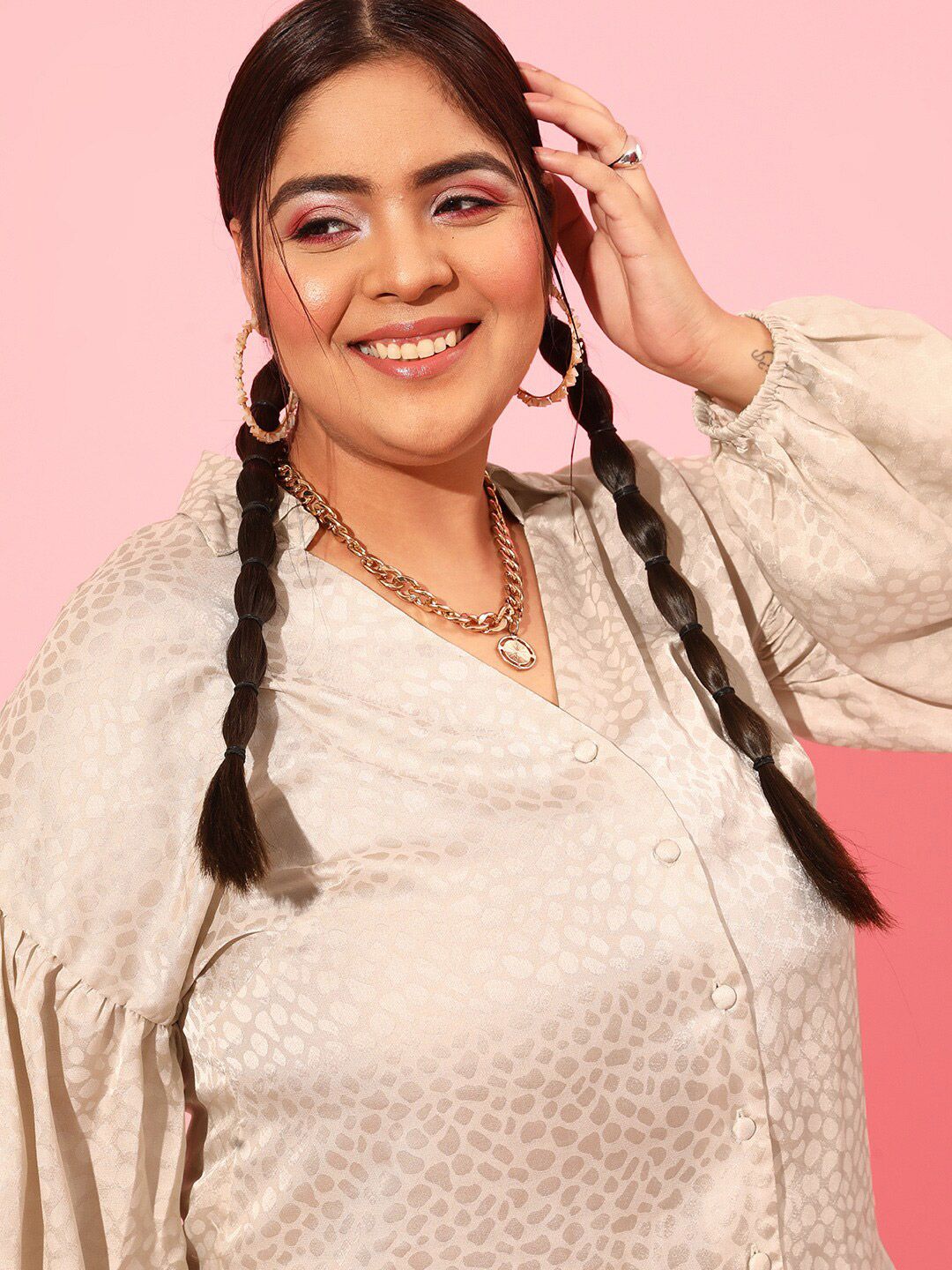 CURVY STREET Women Self Design Satin Casual Shirt