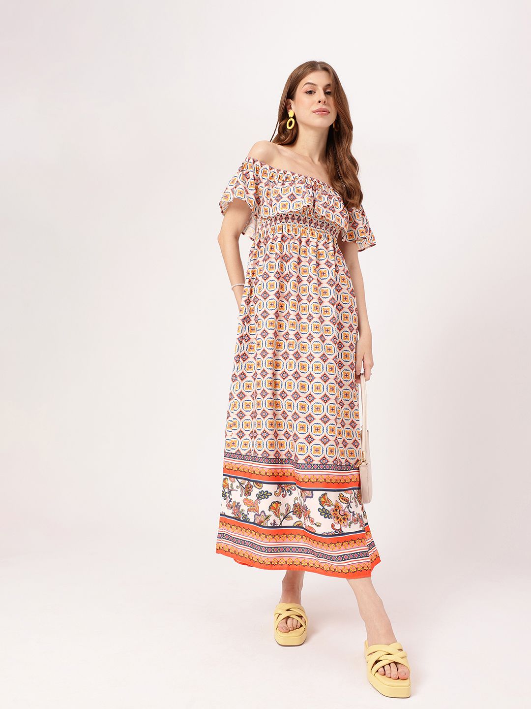 Boho Fetish Vibe Off Shoulder Smocked Midi Dress