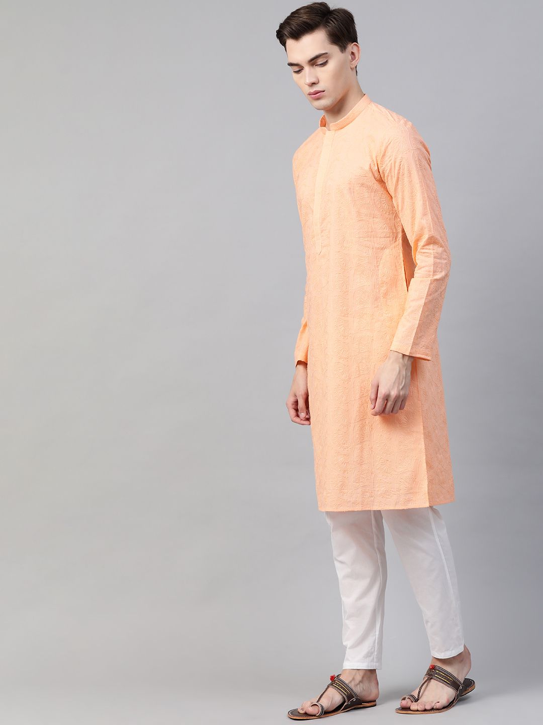 See Designs Men Peach-Colour Pure Cotton Chikankari Embroidered Straight Kurta