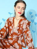 SASSAFRAS Brown & Beige Floral Print Ruffles Top