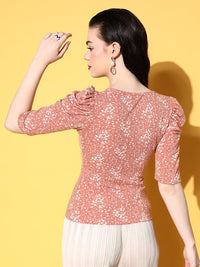 Berrylush Rust Brown & Off White Floral Print Wrap T-shirt