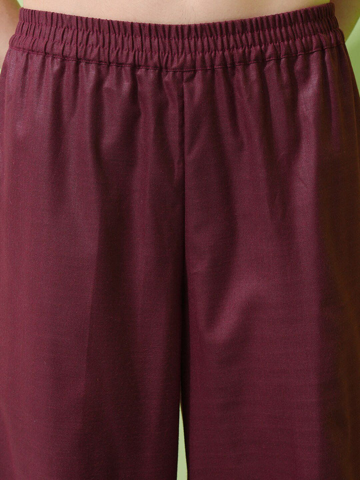 Vishudh Burgundy Floral Woven Design Straight Kurta With Palazzos & Dupatta