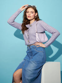 STREET 9 Lavender Self Design Cable Knit Acrylic Cardigan Sweater