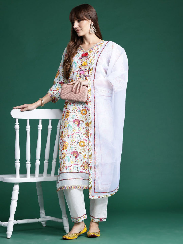 Indo Era Floral Printed Sequinned Pure Cotton Kurta With Trousers & Dupatta