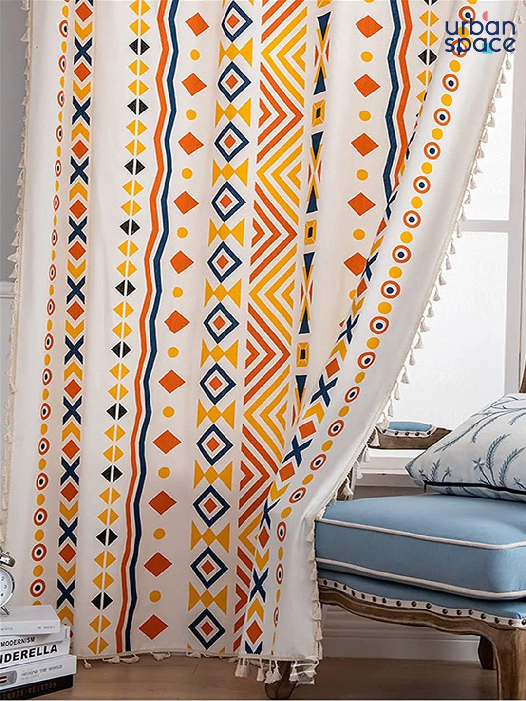 URBAN SPACE Boho White & Orange Ethnic Motifs Printed Cotton Long Door Curtain