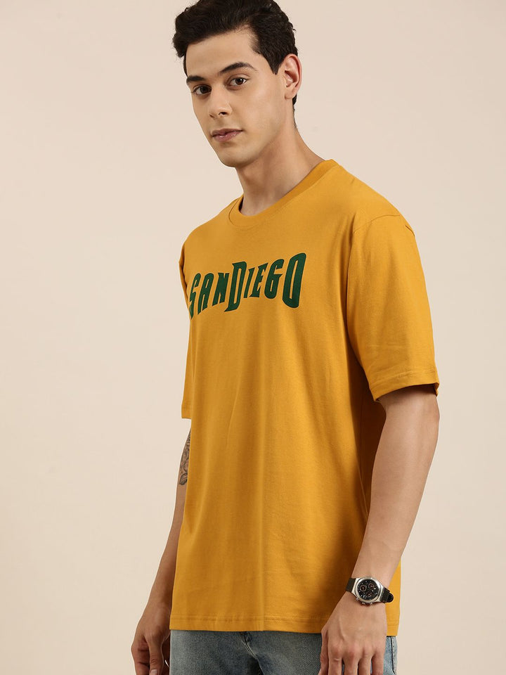 DILLINGER Men Mustard Yellow Typography Printed Pure Cotton Oversized  T-shirt