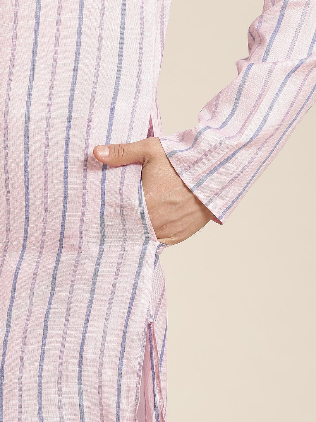 SOJANYA Men Pink & Blue Pure Cotton Striped Kurta