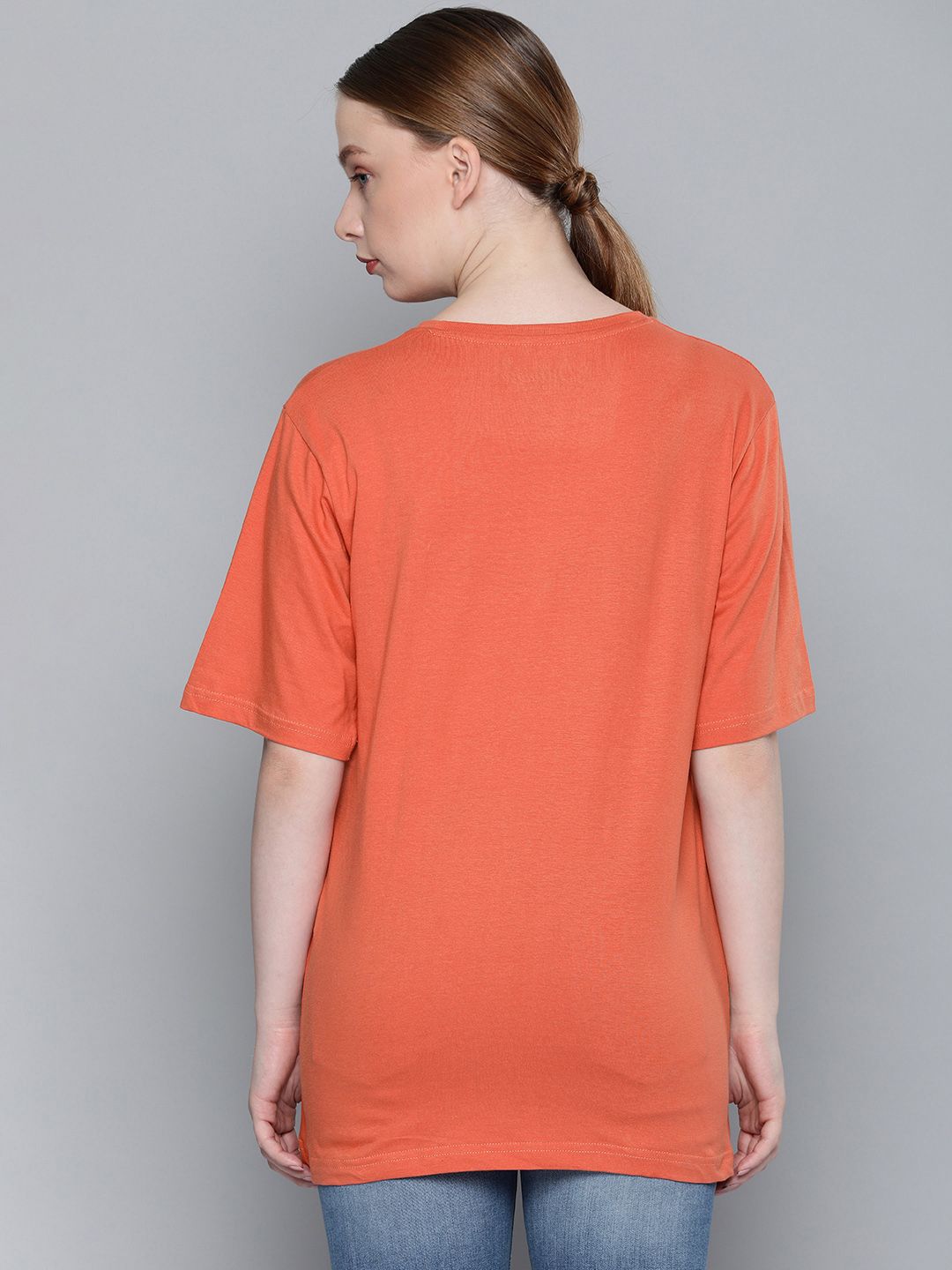 DILLINGER Women Coral Orange Printed Round Neck Longline Oversized Pure Cotton T-shirt