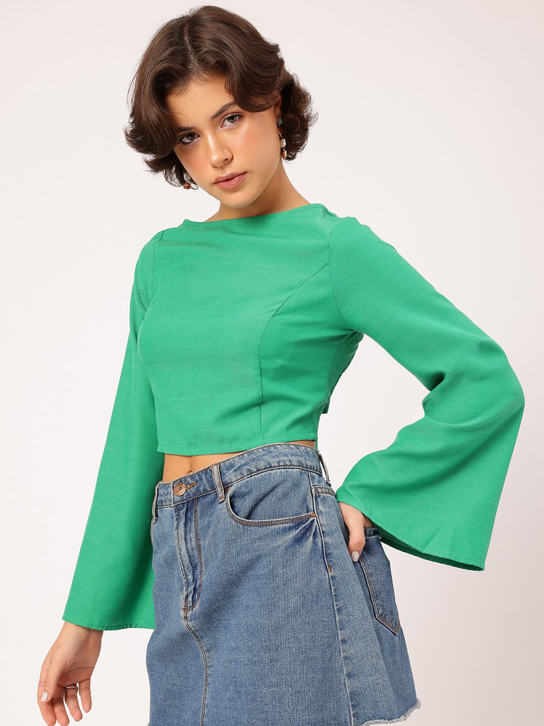 DressBerry Backless Babe Flared Sleeve Crop Top