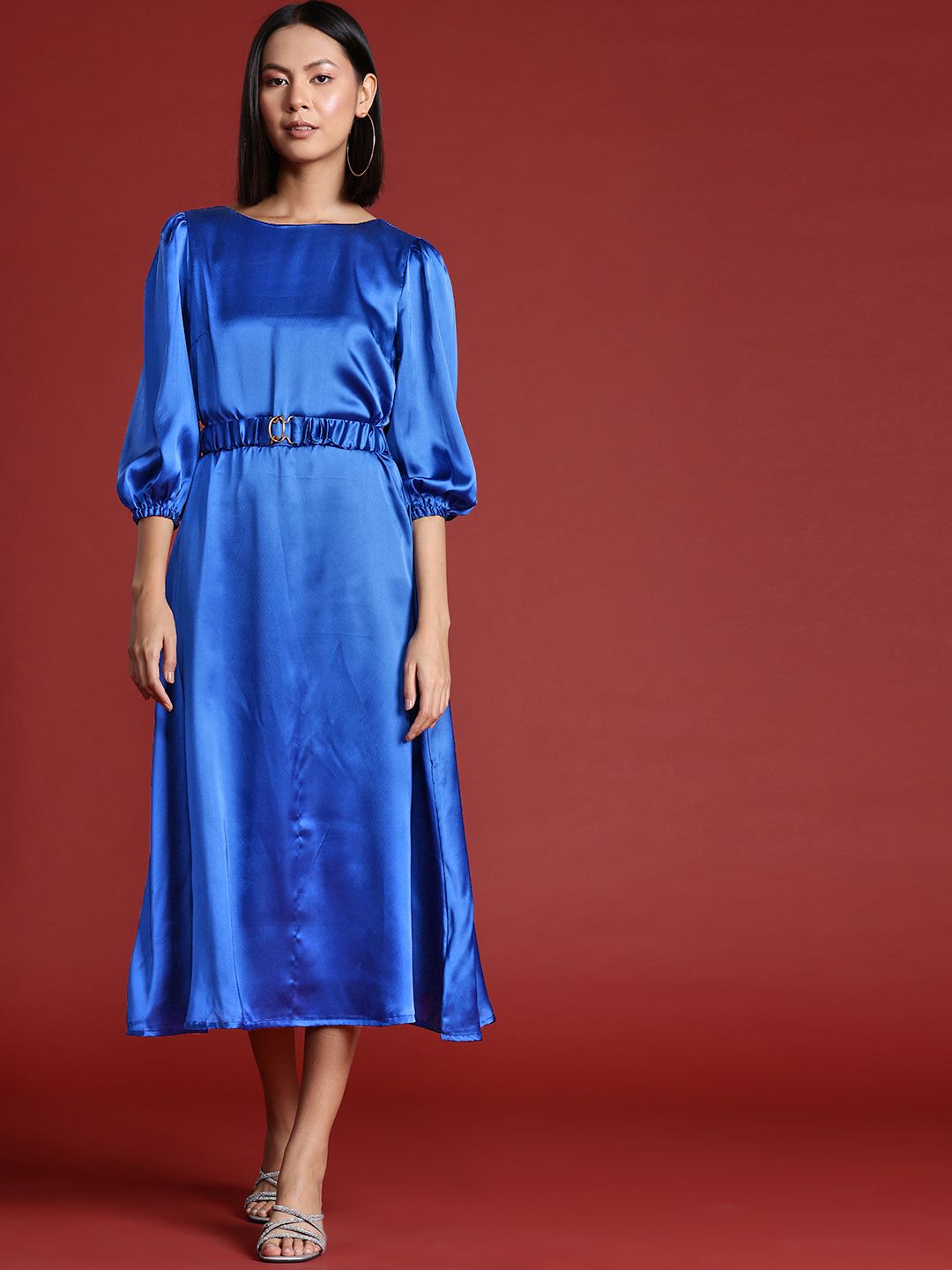 all about you Satin A-Line Midi Dress with Belt