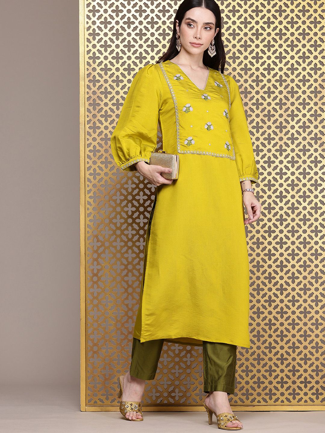 House of Pataudi Ethnic Motifs Embroidered Puff Sleeves Jashn Kurta