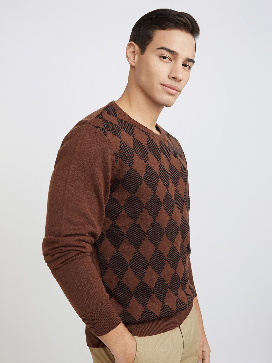 Raymond Men Brown & Black Geometric Patterned Pullover