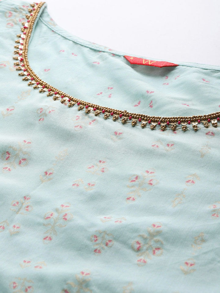W Women Blue & Peach-Coloured Printed Top with  With Attached Dupatta