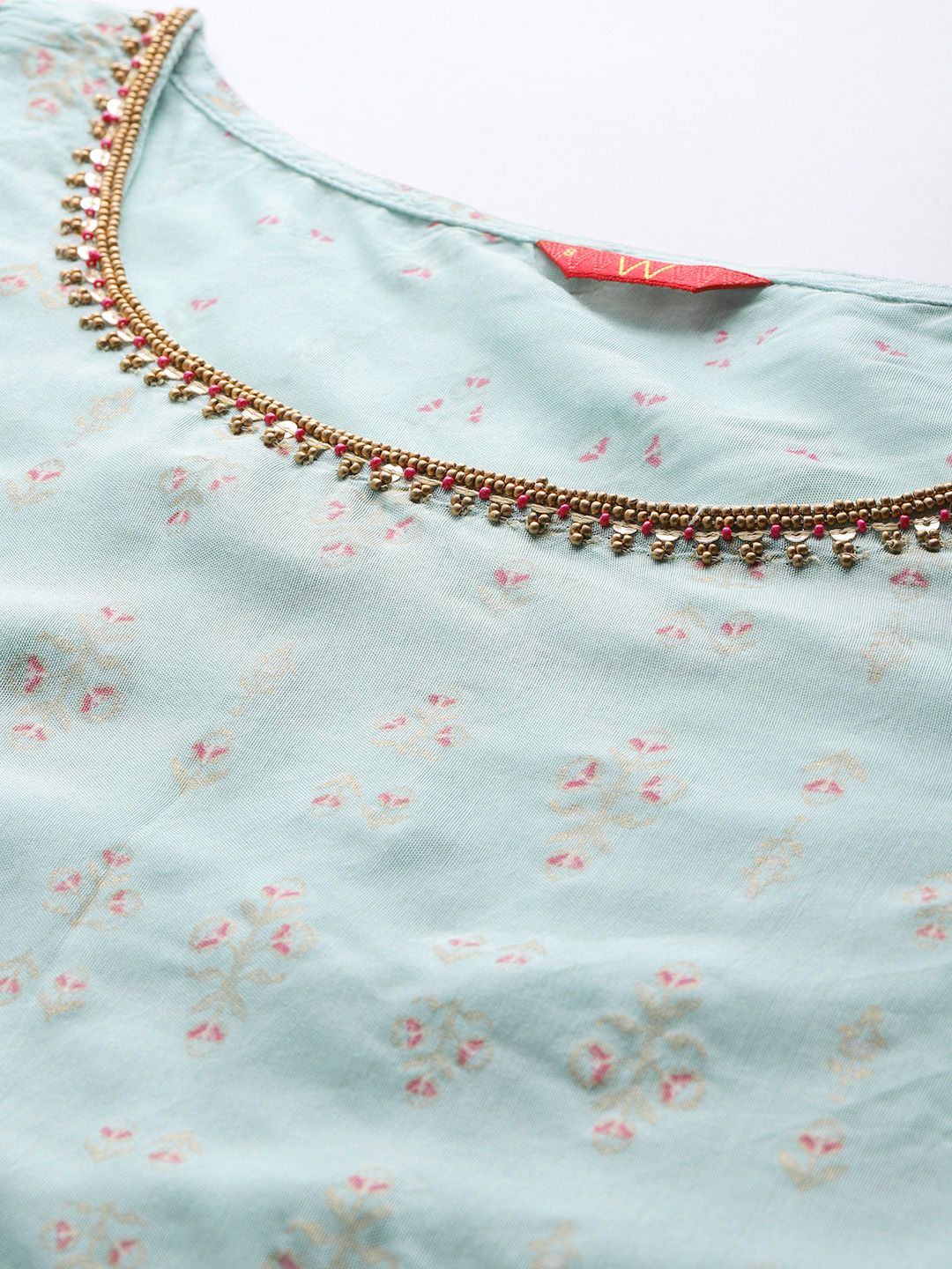W Women Blue & Peach-Coloured Printed Top with  With Attached Dupatta