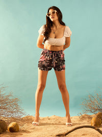 Berrylush Women Black & Pink Floral Printed High-Rise Shorts