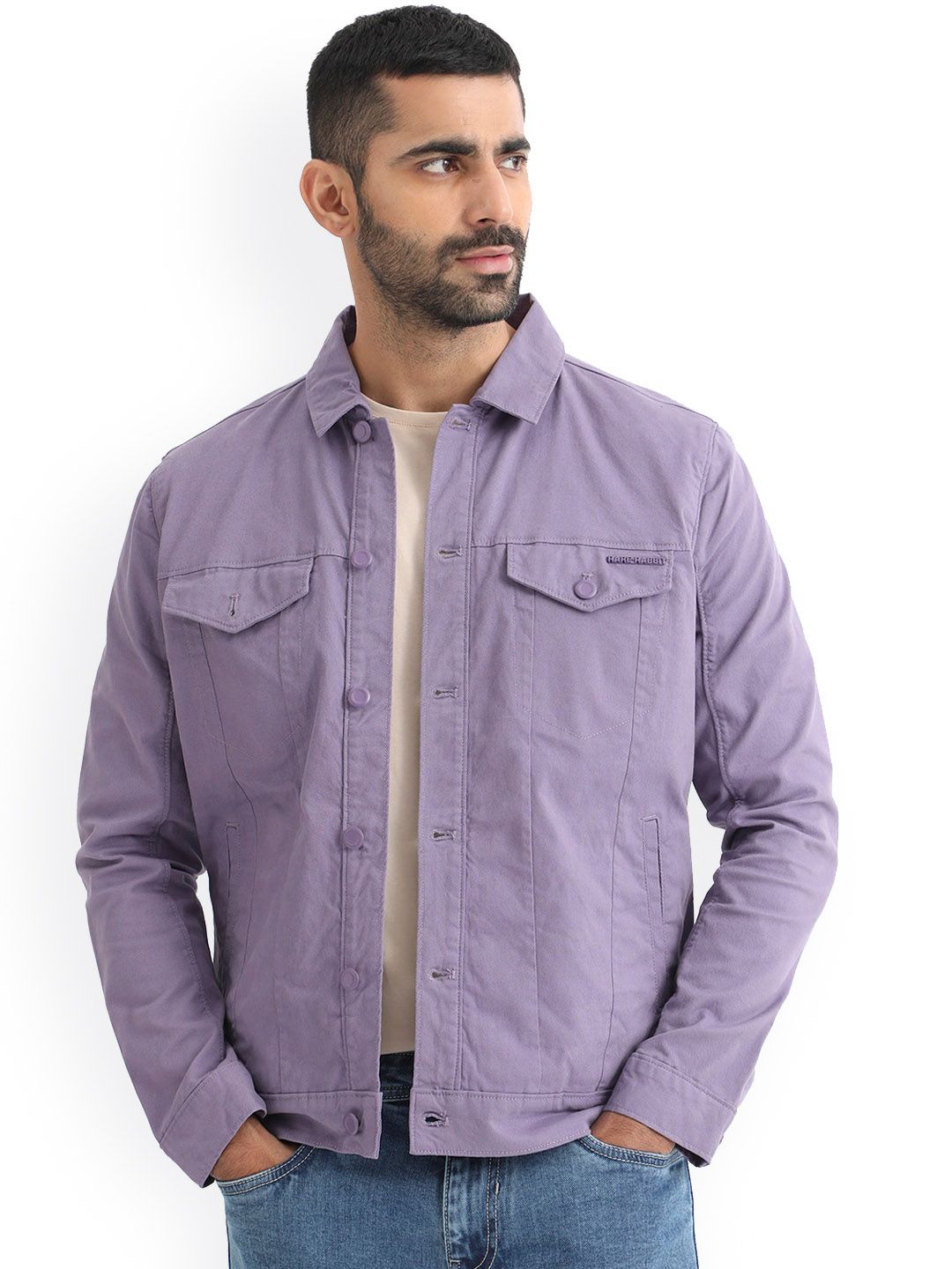 RARE RABBIT Men Vintago Tailored Fit Stand Cotton Denim Jacket