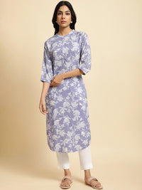 W Purple & White Floral Printed Band Collar Kurta