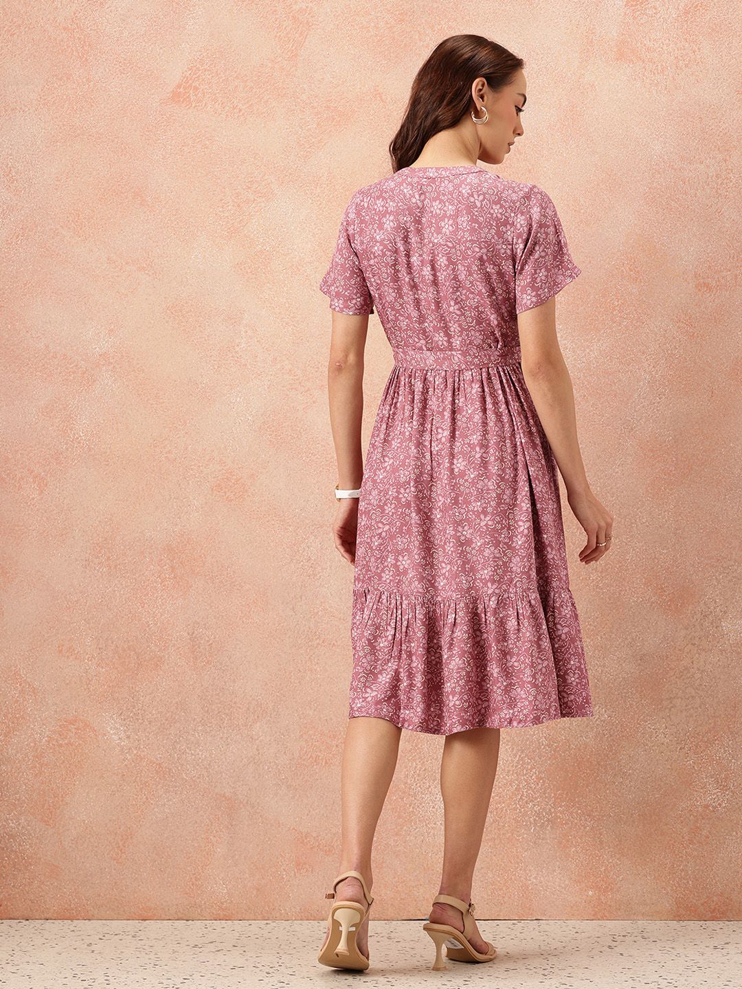all about you Floral Print Flutter Sleeves A-Line Midi Dress with Belt