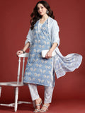 Indo Era Floral Printed Pure Cotton Kurta with Trousers & With Dupatta
