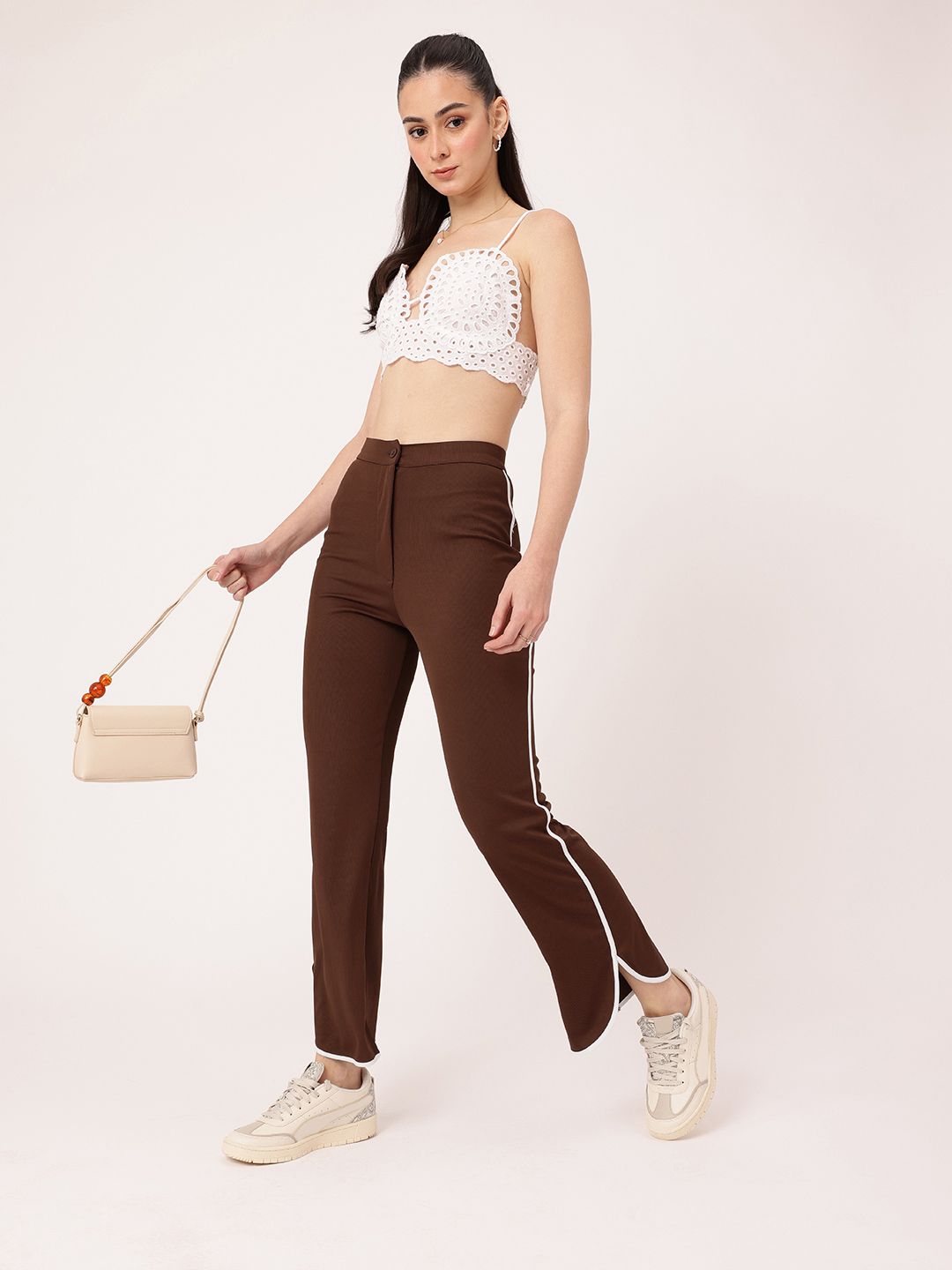 DressBerry Women Subculture Swag Ribbed High-Rise Sided Slits Trousers