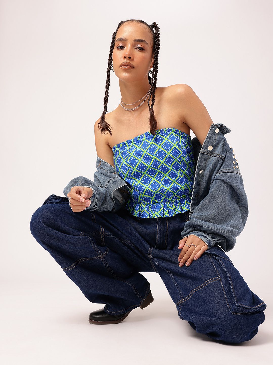 DressBerry Grid It Out Ruffled Cotton Crop Bardot Top