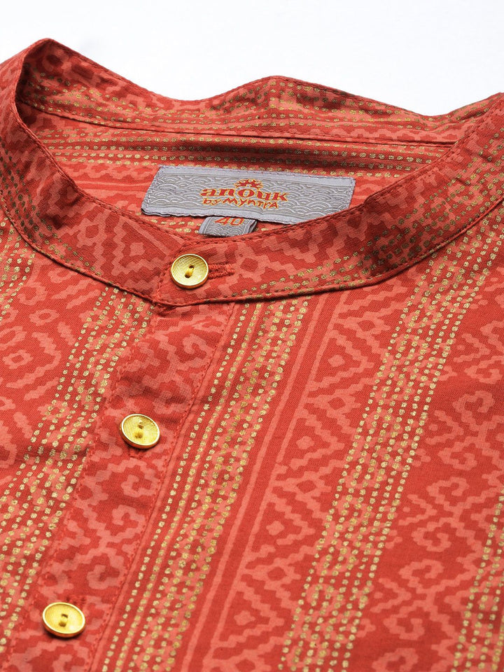 Anouk Men Orange & Gold-Toned Ethnic Motifs Printed Pure Cotton Kurta