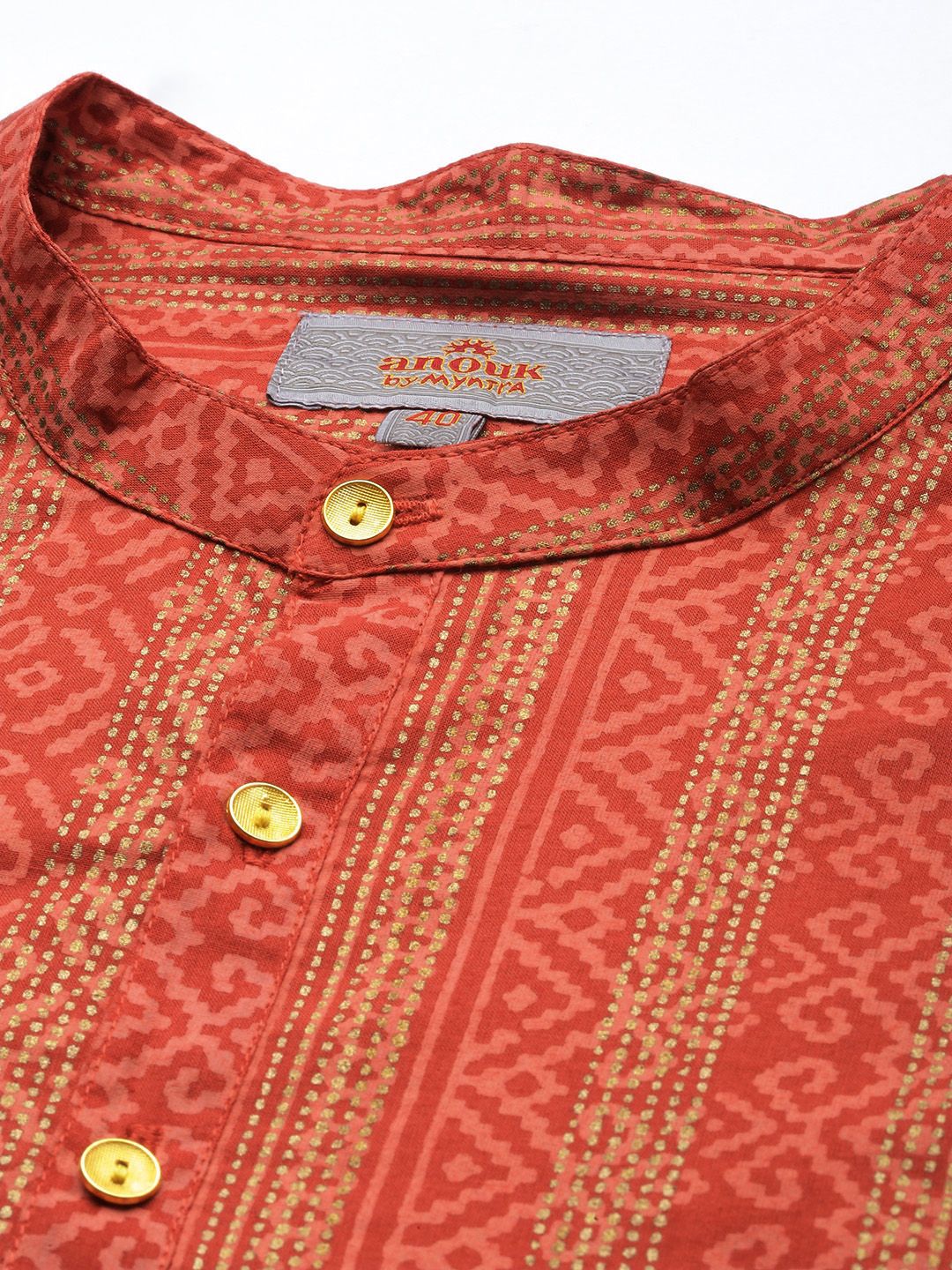 Anouk Men Orange & Gold-Toned Ethnic Motifs Printed Pure Cotton Kurta