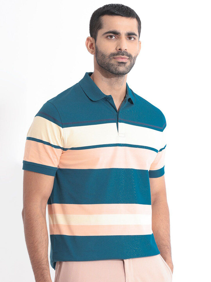 RARE RABBIT Men Albans Striped Polo Collar Slim Fit Cotton T-Shirt