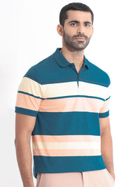 RARE RABBIT Men Albans Striped Polo Collar Slim Fit Cotton T-Shirt