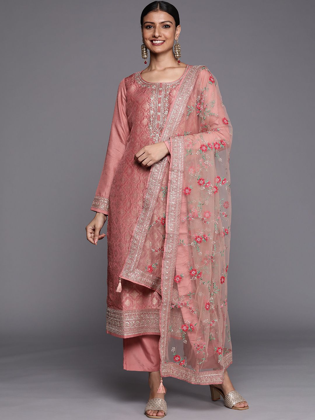 Libas Women Peach-Coloured Floral Kurta with Trousers & Dupatta