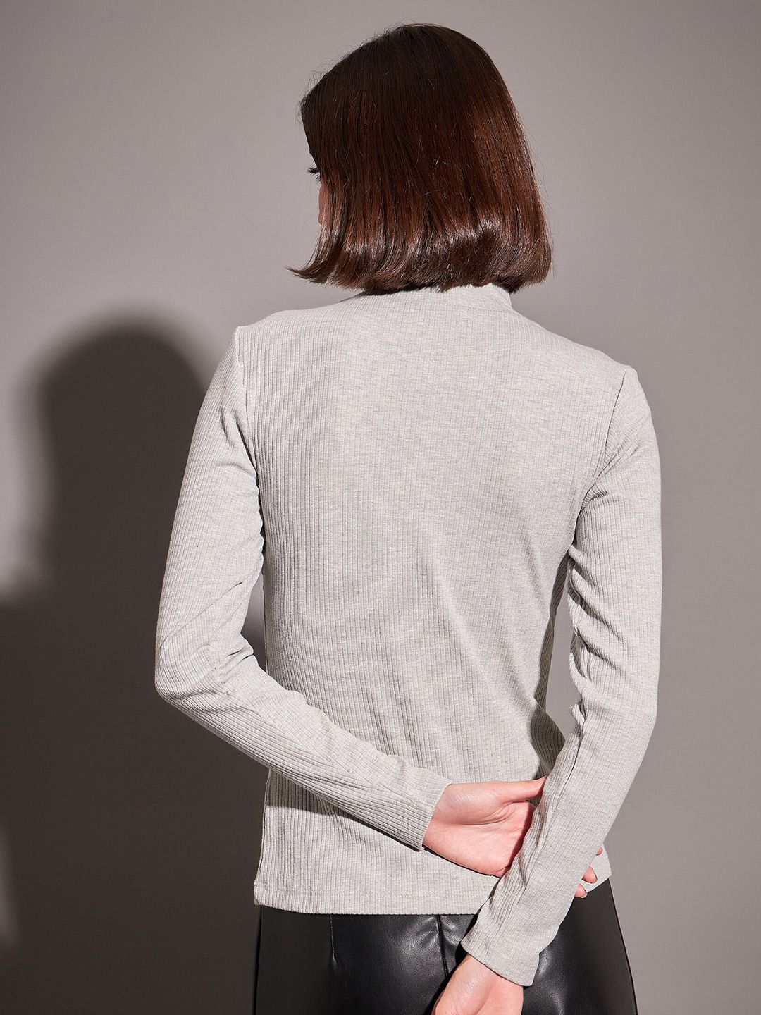 SASSAFRAS Grey High Neck Cut-Out Details Fitted Top