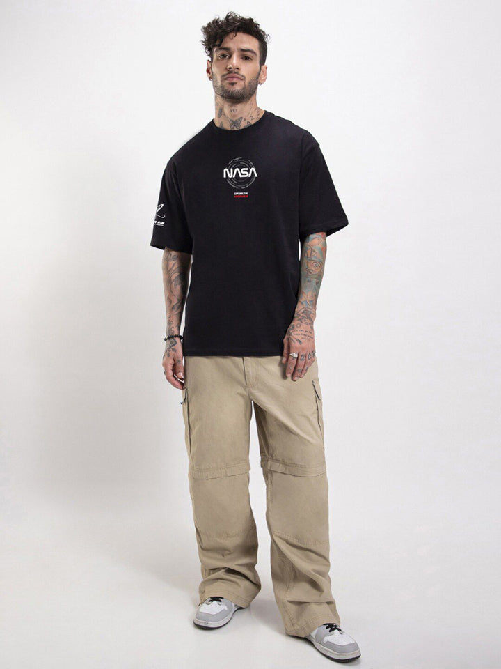 Bewakoof Black Graphic NASA Printed Cotton Oversized T-Shirt