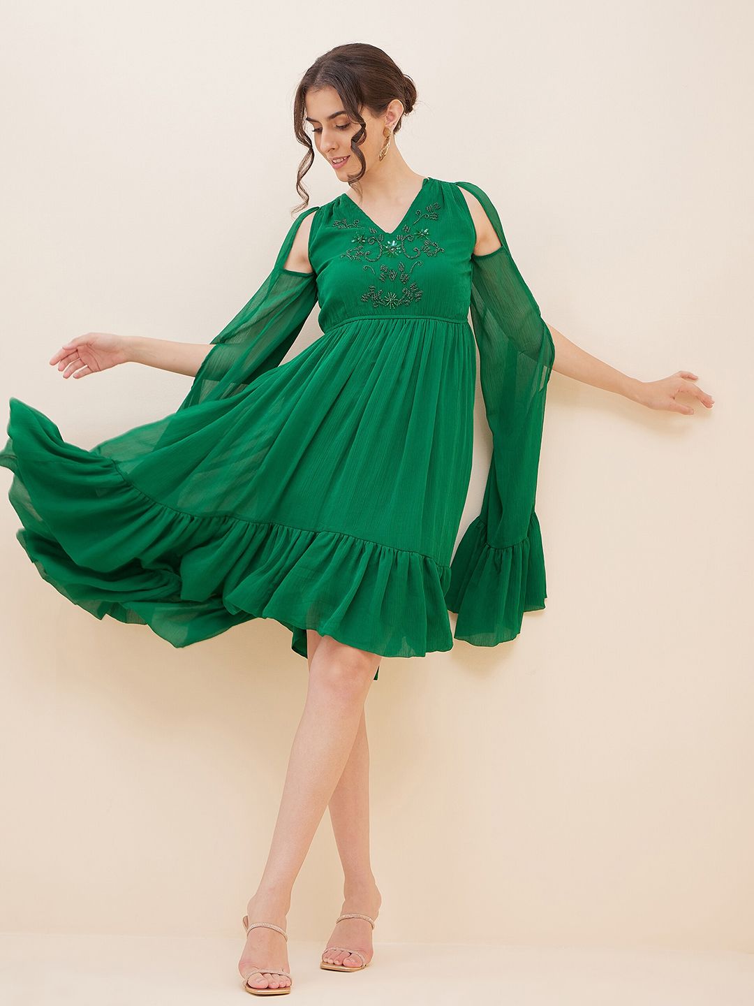 Antheaa Embellished Tie-Up Neck Bell Sleeves Empire Midi Dress