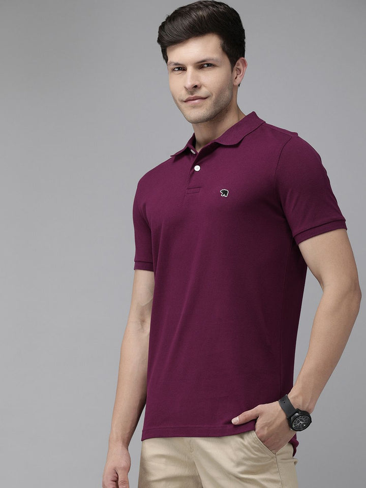 THE BEAR HOUSE Men Purple Polo Collar Pure Cotton Slim Fit T-shirt
