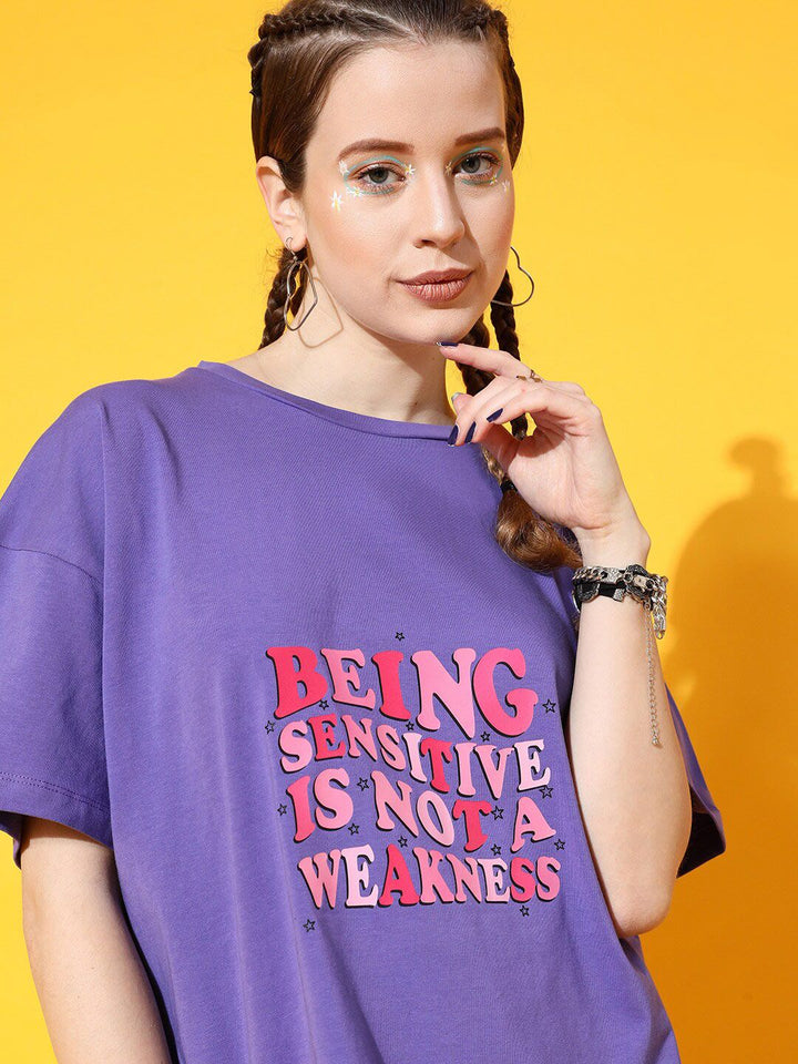 STREET 9 Women Lavender Typography Printed Drop-Shoulder Sleeves Bio Finish Oversized T-shirt