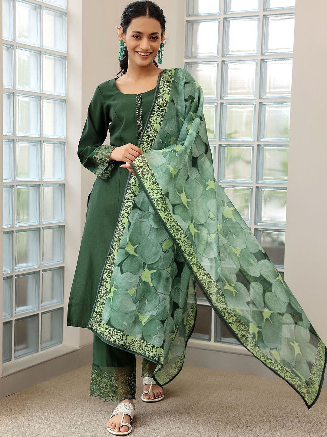 Libas Floral Yoke Design Panelled Beads and Stones Straight Kurta with Trousers & Dupatta