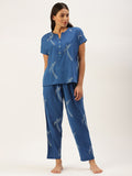 SANSKRUTIHOMES Women Blue & White Pure Cotton Conversational Printed Pyjama Set
