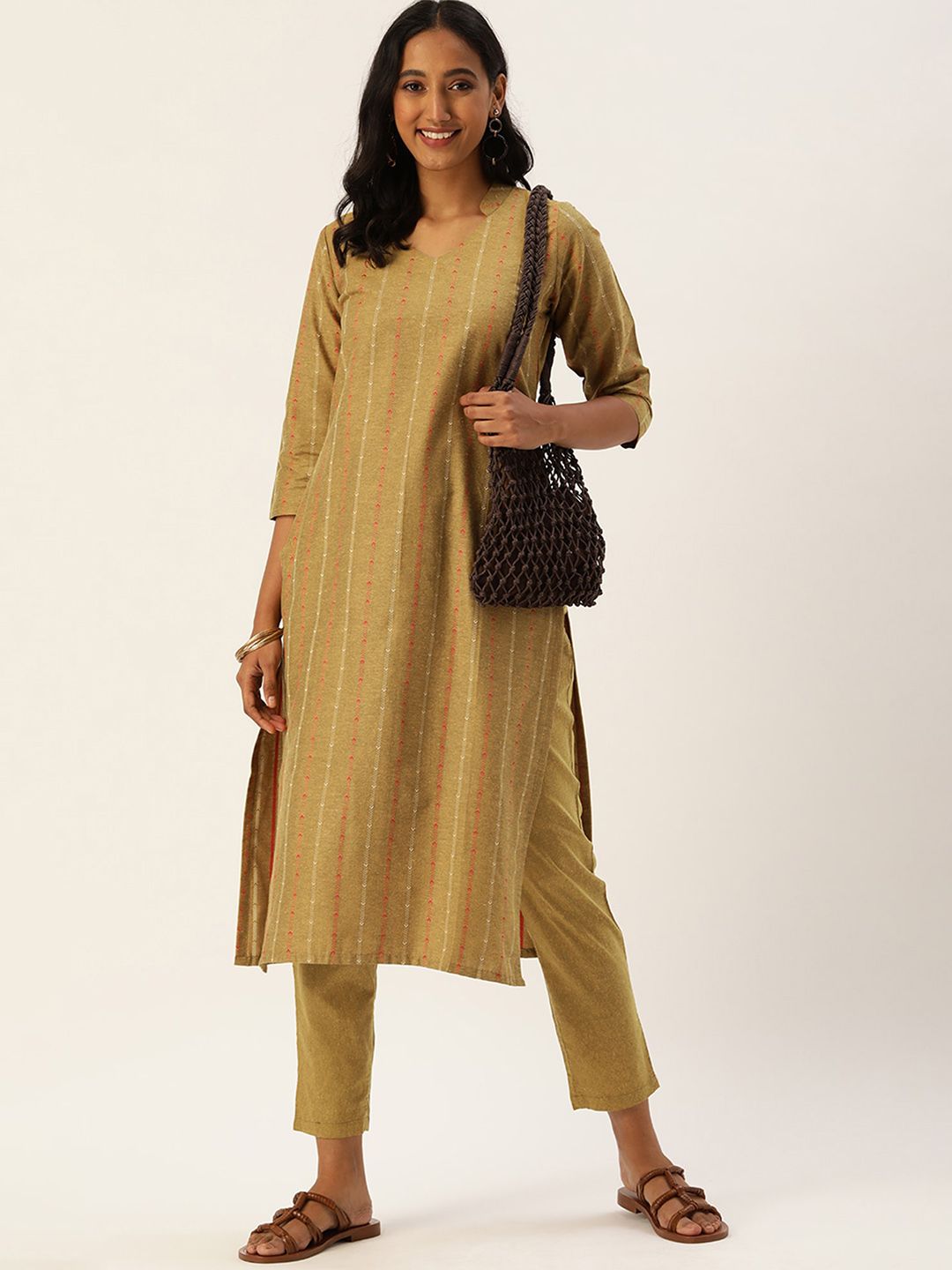 KALINI Women Striped Regular Thread Work Kurta with Trousers