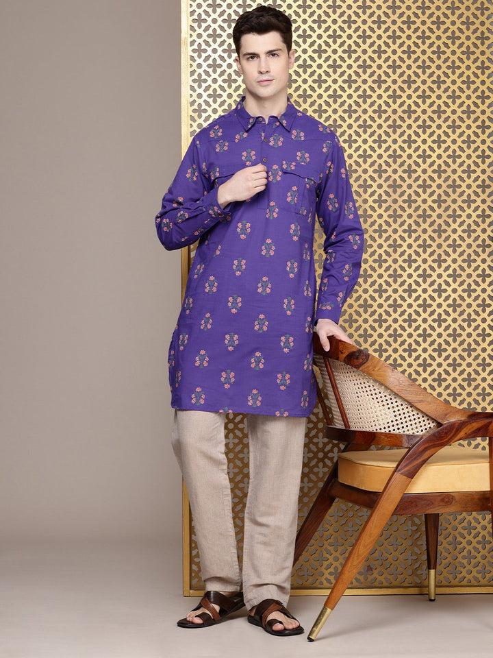 House of Pataudi Men Floral Printed Pure Cotton Kurta