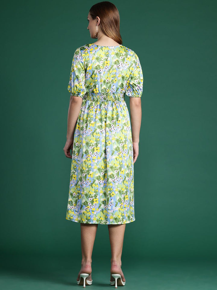 DressBerry Floral Print Puff Sleeve A-Line Midi Dress