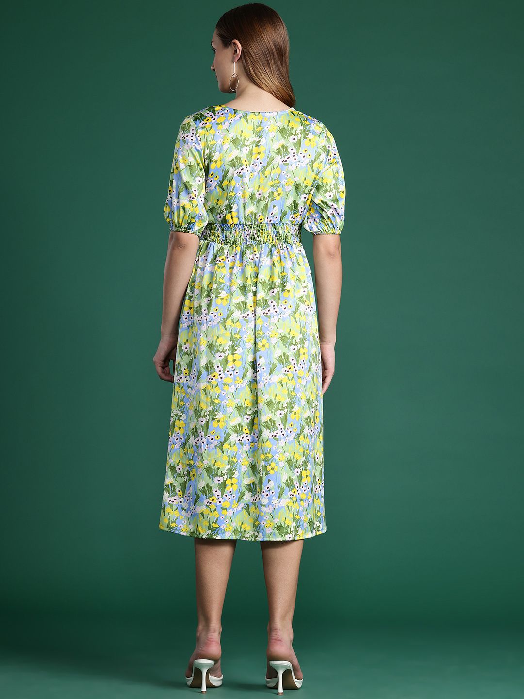 DressBerry Floral Print Puff Sleeve A-Line Midi Dress