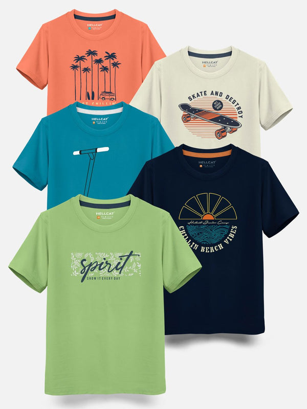 HELLCAT Boys Pack Of 5 Typography Printed Cotton T-shirt