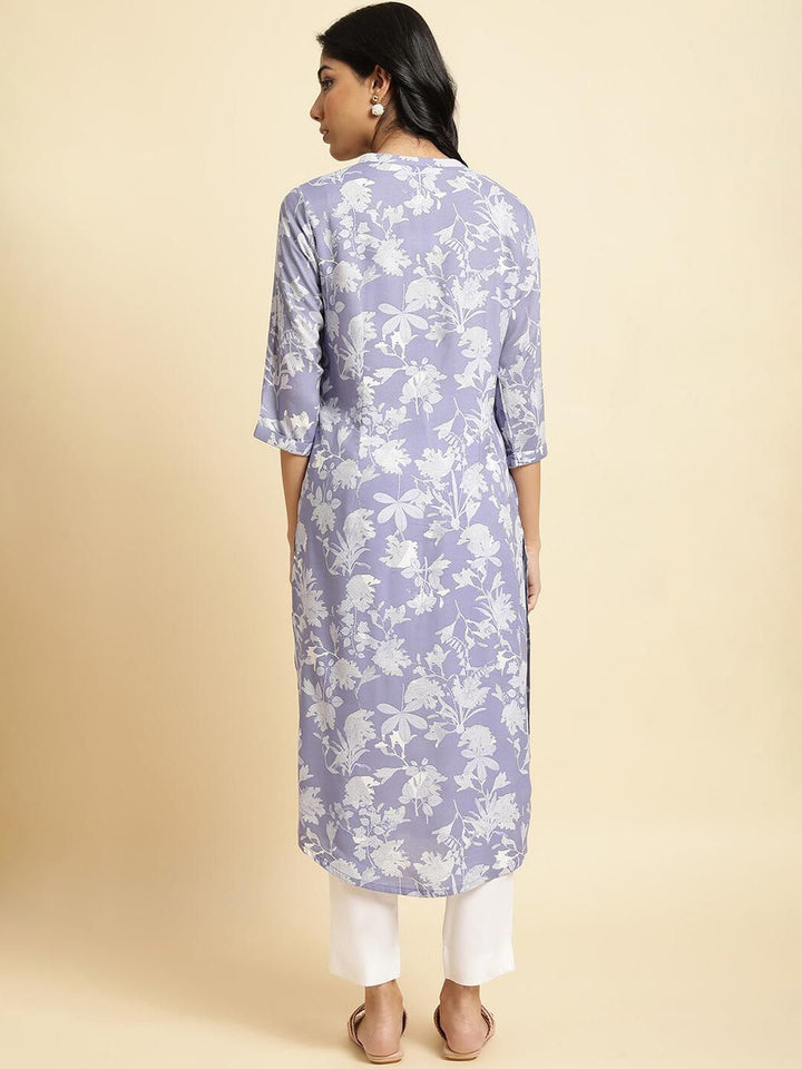 W Purple & White Floral Printed Band Collar Kurta