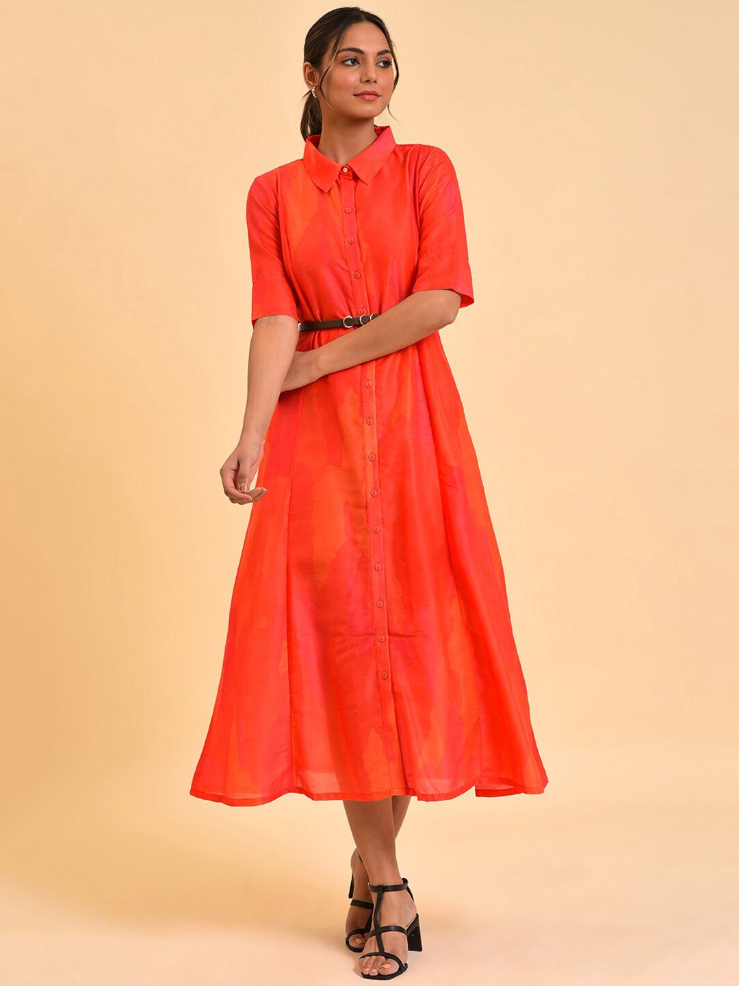 W Red Shirt Midi Dress With Belt