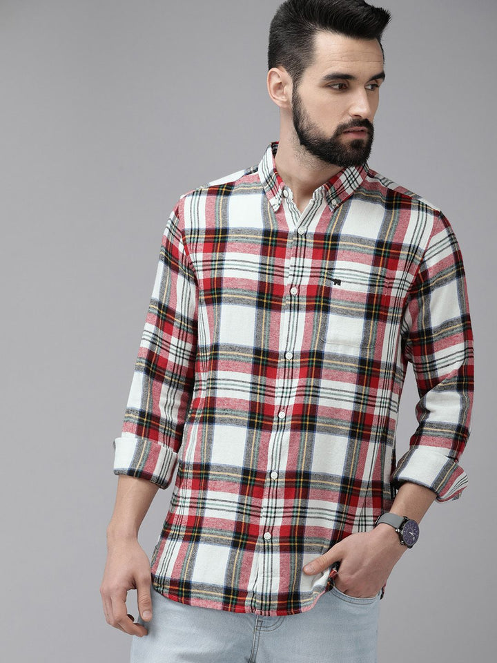THE BEAR HOUSE Men White & Red Slim Fit Checked Cotton Flannel Casual Shirt